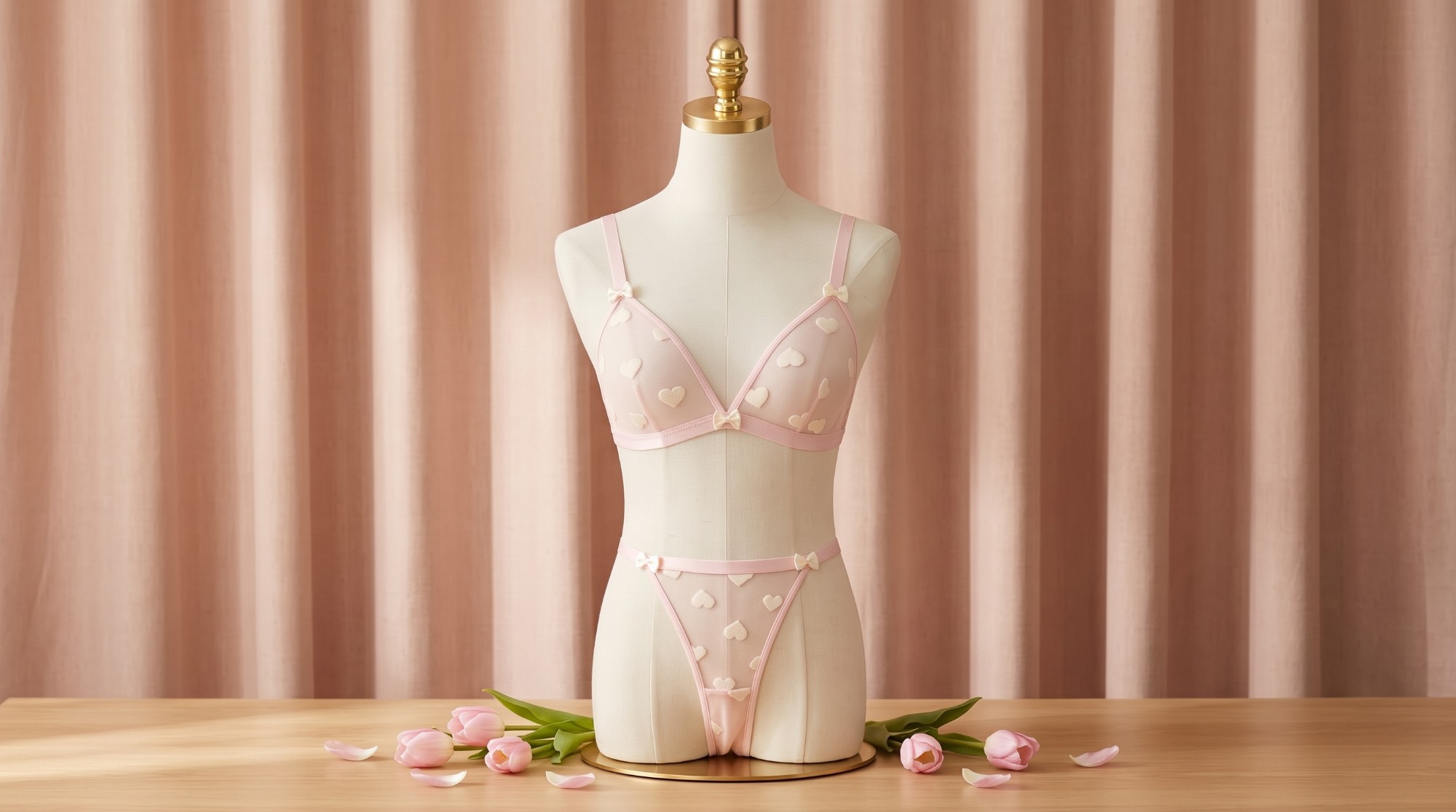 Conjunto Algodón de Azúcar de Reina Scarlata, brasier triangular de tul rosa con corazones bordados y lacitos de satén