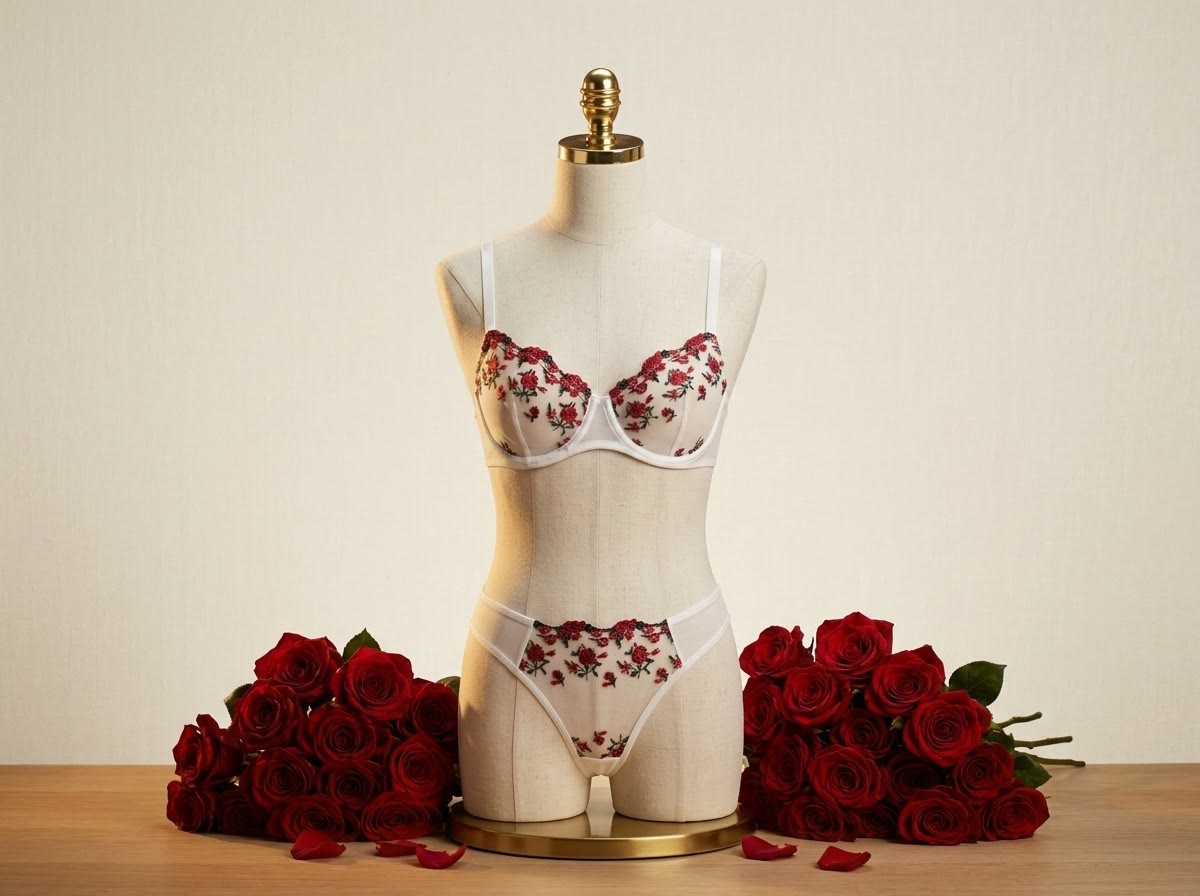 Conjunto Jazmín Blanco de Reina Scarlata, brasier de tul blanco con rosas rojas bordadas y tanga a juego