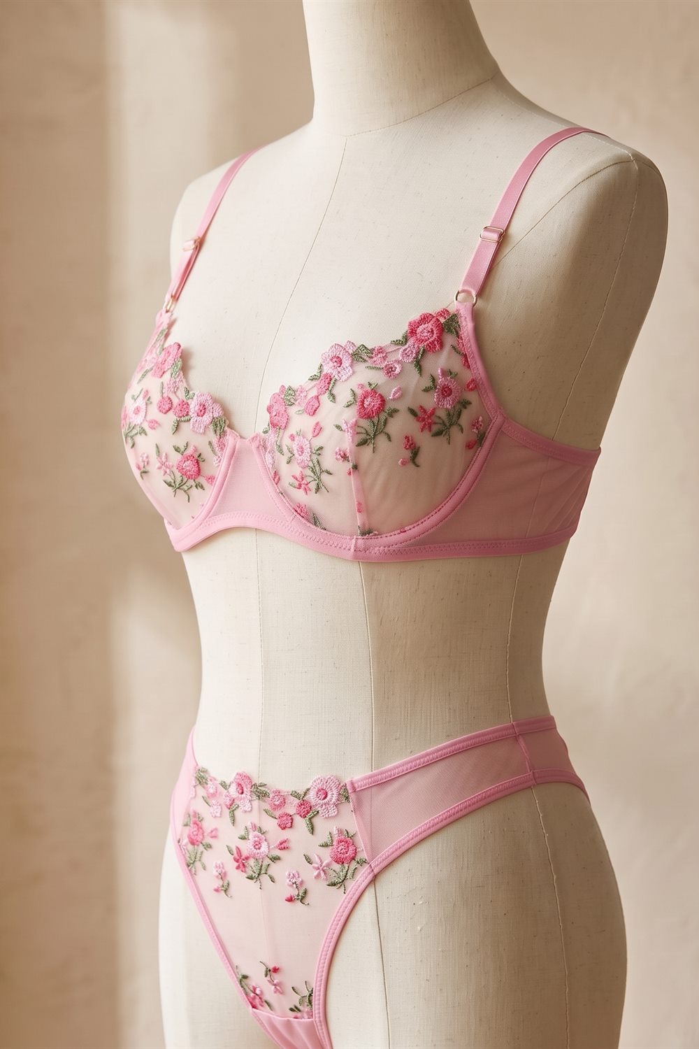 Conjunto Jazmín Rosa de Reina Scarlata, brasier de tul rosa con florecitas bordadas en rosa, fucsia y verde