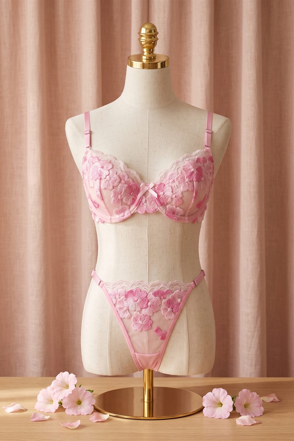 Conjunto Petunia de Reina Scarlata, brasier de tul rosa con petunias bordadas en degradado rosa y encaje festoneado