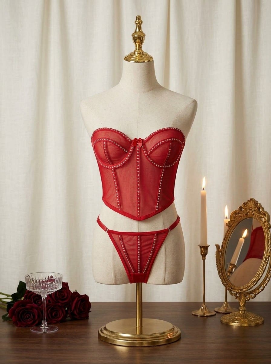 Conjunto Rubí de Reina Scarlata, corset strapless de tul rojo con pedrería plateada en copas y varillas, y tanga a juego