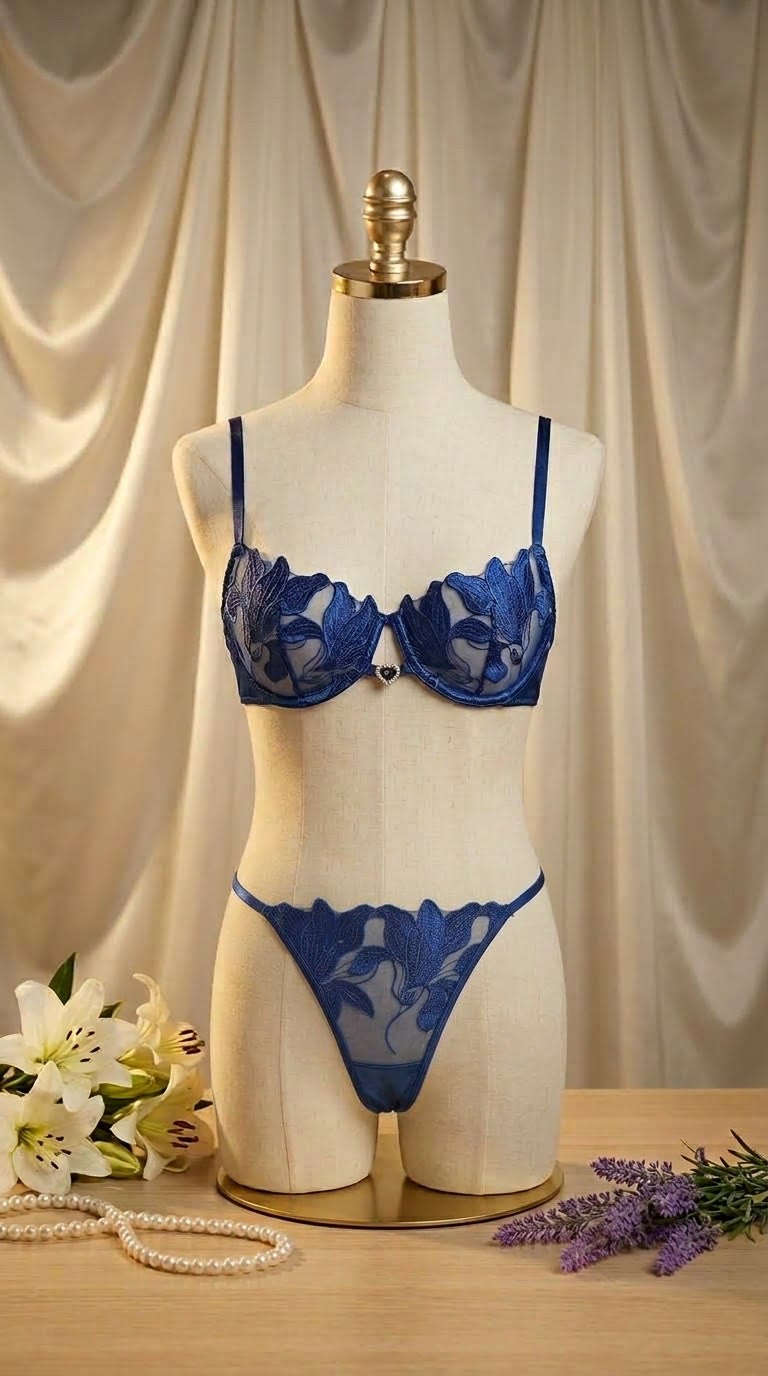 Conjunto Zafiro de Reina Scarlata, brasier de satén azul zafiro con lirios bordados sobre tul y dije de corazón, y tanga a juego