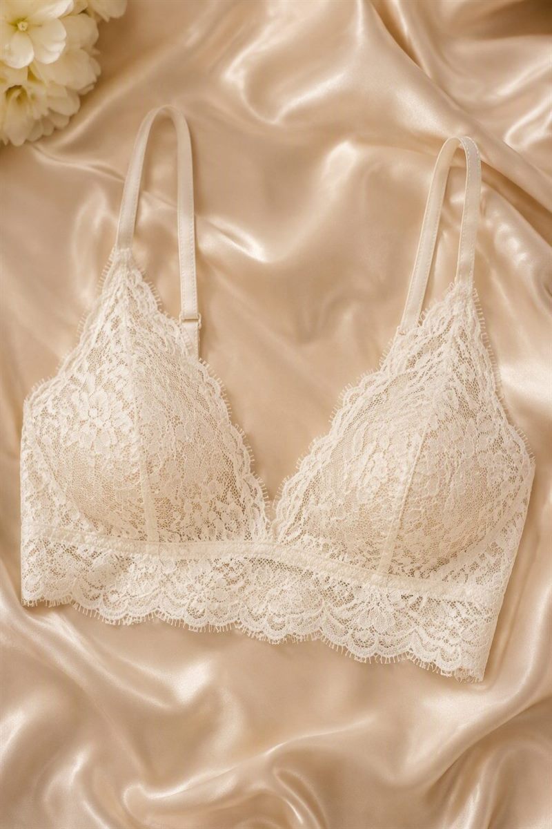 Bralette triangular de encaje marfil Reina Scarlata, sin aro, con borde de pestaña festoneada